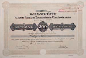 Aradi ltalnos Takarkpnztr Rszvnytrsasg 200 korona 1917