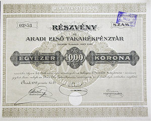 Aradi Els Takarkpnztr Rszvnytrsasg rszvny 1000 korona 1912 Arad