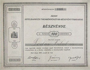 Aradi Hitelbank s Takarkpnztr Rszvnytrsasg rszvny 100 korona 1918 Arad