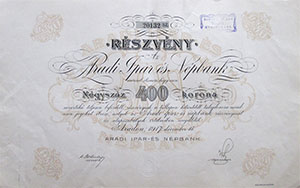 Aradi Ipar- s Npbank Rszvnytrsasg rszvny 400 korona 1917 Arad