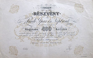 Aradi Ipar- s Npbank Rszvnytrsasg rszvny 400 korona 1920 Arad