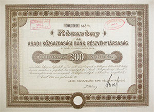 Aradi Kzgazdasgi Bank Rszvnytrsasg rszvny 200 korona 1911 Arad