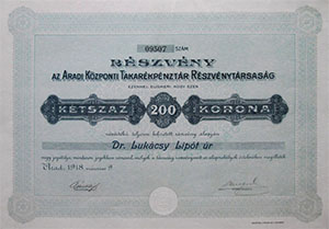 Aradi Kzponti Takarkpnztr Rszvnytrsasg rszvny 200 korona 1918 Arad