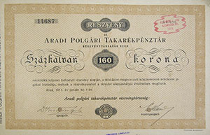 Aradi Polgri Takarkpnztr Rszvnytrsasg rszvny 160 korona 1911 Arad