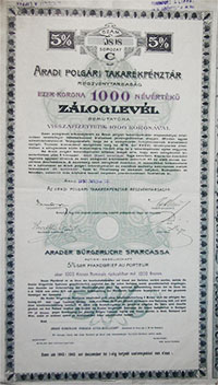 Aradi Polgri Takarkpnztr Rszvnytrsasg zloglevl 1000 korona 1910 Arad