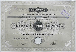 Aradmegyei Takarkpnztr Rszvnytrsasg rszvny 1000 korona 1910 Arad