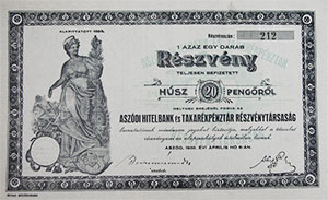 Aszdi Hitelbank s Takarkpnztr Rszvnytrsasg rszvny 20 peng 1930 Aszd
