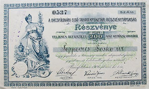 Bcsfldvri Els Takarkpnztr Rszvnytrsasg rszvny 200 korona 1906