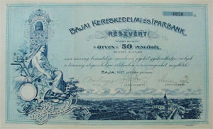 Bajai Kereskedelmi s Iparbank rszvny  50 peng 1927