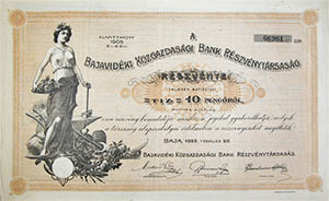 Bajavidki Kzgazdasgi Bank Rszvnytrsasg rszvny 10 peng 1926 Baja