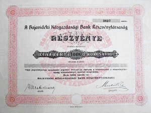 Bajavidki Kzgazdasgi Bank Rszvnytrsasg rszvny 1000 korona 1924 Baja