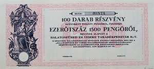 Balatonfred s Vidke Takarkpnztr Rszvnytrsasg rszvny 100x15 1500 peng 1940