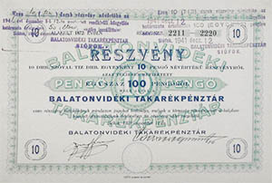 Balatonvidki Takarkpnztr Rszvnytrsasg rszvny 10x10 100 peng 1928 Sifok