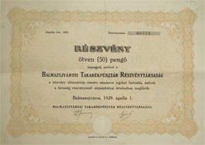 Balmazjvrosi Takarkpnztr Rszvnytrsasg rszvny 50 peng 1929
