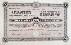 Barsmegyei Npbank Rszvnytrsasg rszvny 200 csehszlovk korona 1928 Lva