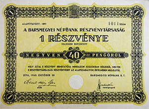 Barsmegyei Npbank Rszvnytrsasg rszvny 40 peng 1943 Lva
