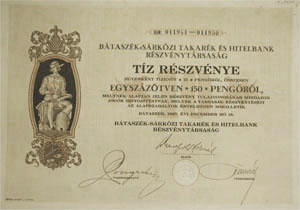 Btaszk-Srkzi Takark s Hitelbank Rszvnytrsasg rszvny 10x15 peng 1927