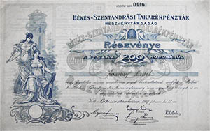 Bksszentandrsi Takarkpnztr Rszvnytrsasg rszvny 200 korona 1907
