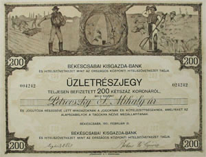 Bkscsabai Kisgazda Bank s Hitelszvetkezet zletrszjegy 200 korona 1921