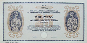 Bkscsabai Takarkpnztr s Kereskedelmi Rszvnytrsasg rszvny 25x1000 25000 korona 1923