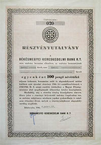 Bksmegyei Kereskedelmi Bank Rszvnytrsasg rszvnyutalvny 2x100 peng 1946 Bkscsaba