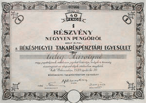 Bksmegyei Takarkpnztri Egyeslet  rszvny 40 peng 1939