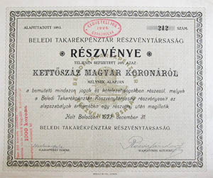Beledi Takarkpnztr Rszvnytrsasg rszvny 200 korona 1922 Beled