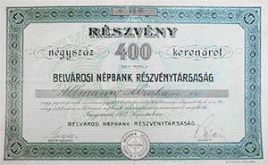 Belvrosi Npbank Rszvnytrsasg 400 korona 1912 Nagyvrad