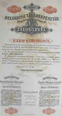 Belvrosi Takarkpnztr Rszvnytrsasg zloglevl 1000 korona 1921