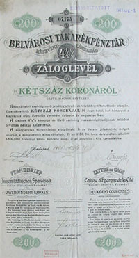 Belvrosi Takarkpnztr Rszvnytrsasg zloglevl 200 korona 1896
