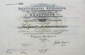 Beregmegyei Hitelbank Rszvnytrsasg rszvny 200 korona 1910 Beregszsz
