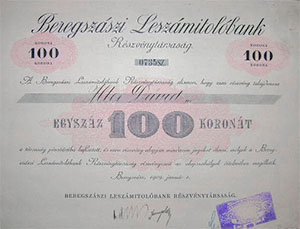 Beregszszi Leszmitolbank Rszvnytrsasg rszvny 100 korona 1909