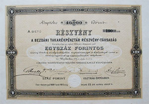 Bezdni Takarkpnztr Rszvnytrsasg rszvny 100 forint 1887 Bezdn