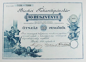 Bicskei Takarkpnztr Rszvnytrsasg rszvny 10x50 500 peng 1928 Bicske
