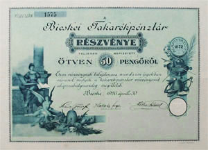 Bicskei Takarkpnztr Rszvnytrsasg rszvny 50 peng 1926