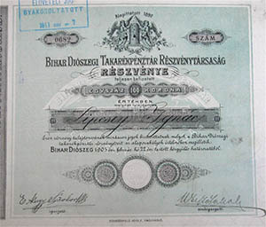 Bihar-Diszegi Takarkpnztr Rszvnytrsasg rszvny 100 korona 1905 Bihardiszeg