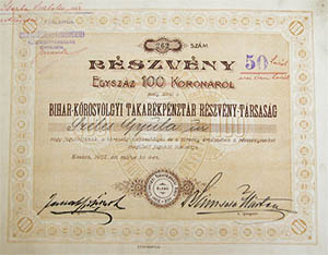 Bihar-Krsvlgyi Takarkpnztr Rszvnytrsasg rszvny 100 korona 50 lei 1907 lesd
