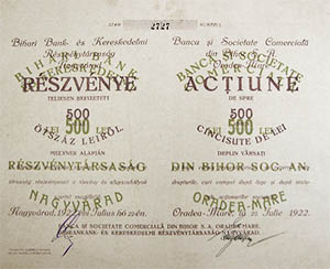 Bihari Bank- s Kereskedelmi Rszvnytrsasg rszvny 500 lei 1922 Nagyvrad
