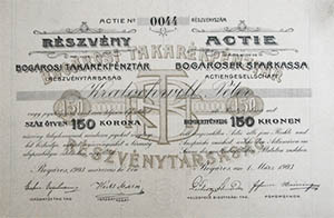 Bogrosi Takarkpnztr Rszvnytrsasg rszvny 150 korona 1903 Bogros