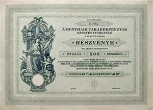 Bonyhdi Takarkpnztr Rszvnytrsasg rszvny 500 peng 1930 KNER MINTA