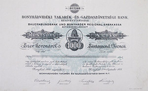 Bonyhdvidki Takark- s Gazdaszvetsgi Bank Rszvnytrsasg rszvny 1000 korona 1923