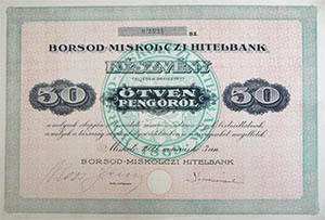Borsod-Miskolczi Hitelbank rszvny 50 peng 1927 Miskolc