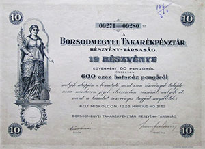 Borsodmegyei Takarkpnztr Rszvnytrsasg 600 peng 1928 Miskolc