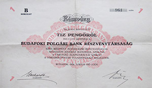 Budafoki Polgri Bank Rszvnytrsasg rszvny 10 peng 1926