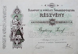 Budapest III. Kerleti Takarkpnztr Rszvnytrsasg rszvny 200 korona 1911