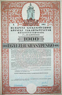 Budapest Szkesfvrosi Kzsgi Takarkpnztr  Rszvnytrsasg ktvny 1000 aranypeng 1937