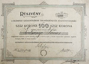 Budapest Szkesfvrosi Takarkpnztr Rszvnytrsasg  rszvny 100 korona 1900