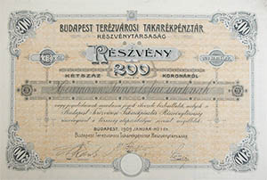 Budapest Terzvrosi Takarkpnztr Rszvnytrsasg rszvny 200 korona 1909