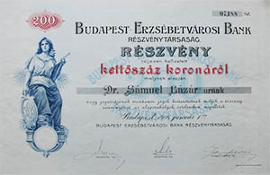 Budapest-Erzsbetvrosi Bank Rszvnytrsasg  rszvny 200 korona 1906