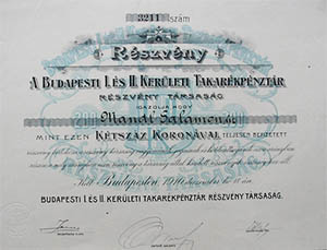 Budapest I. s II. Kerleti Takarkpnztr Rszvnytrsasg rszvny 200 korona 1910